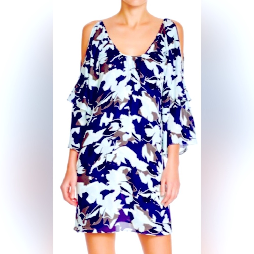 Parker Agave Indigo Floral Cold Shoulder Bell Sleeve Silk Mini Dress/Tunic Top